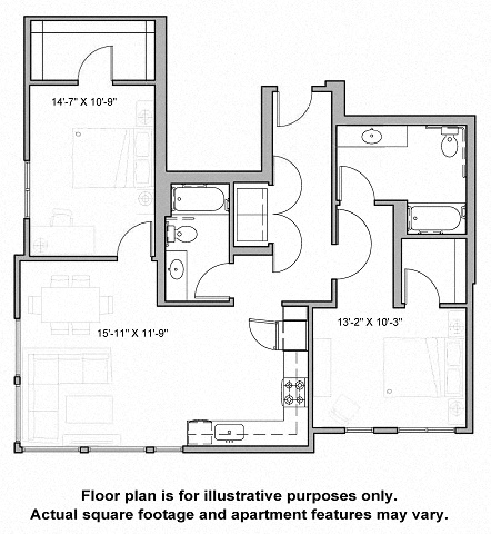 Floor plan for 2 beds, 2 baths, 1202 sqft